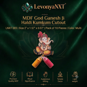 Premium LevonyaNXT MDF Ganesh Ji Haldi Kumkum Cutout for Pooja Return Gifts with multi-color print and clear glass miniature bottles, Made in India"