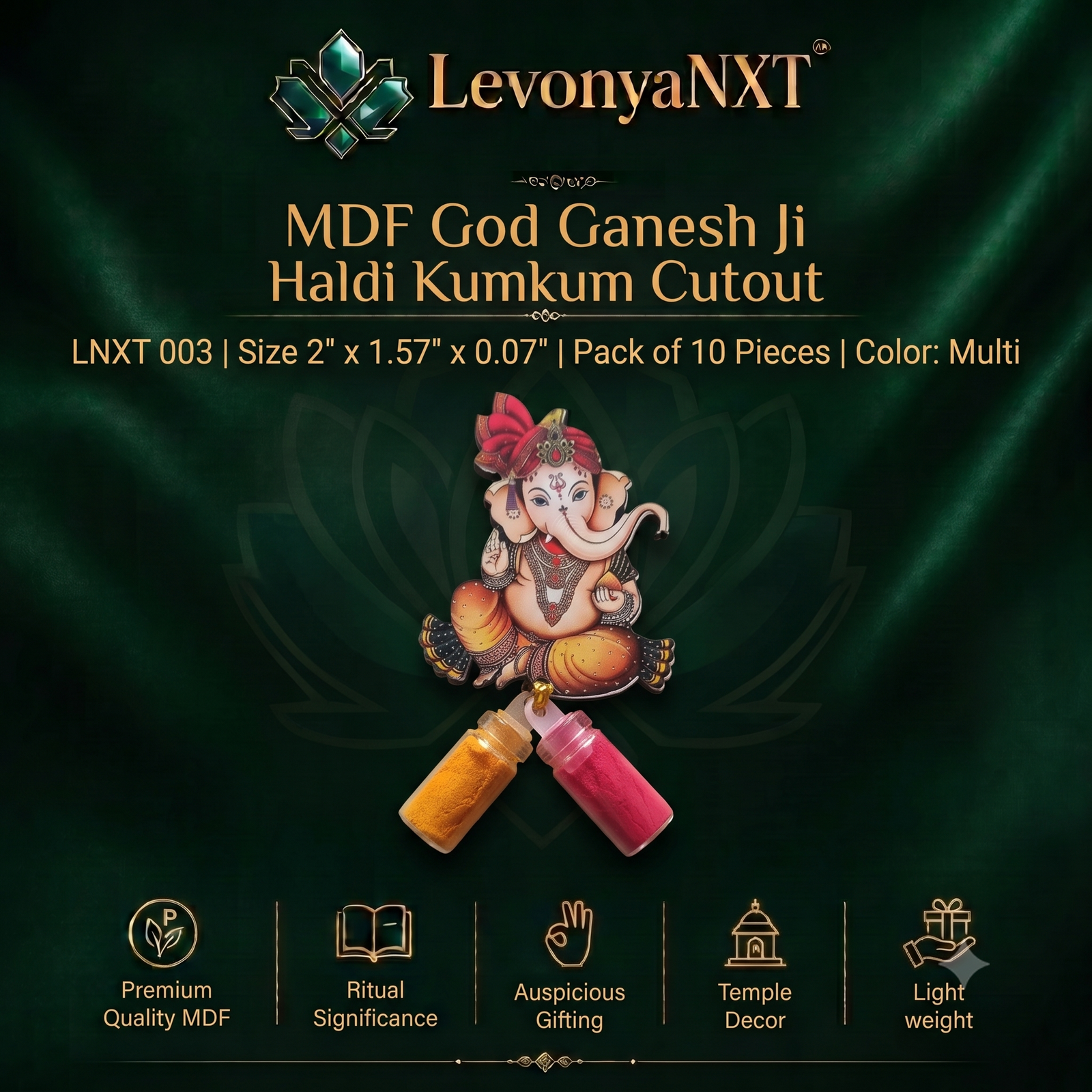 LNXT 003 Divine MDF Ganesh Ji Haldi Kumkum Cutout for Pooja Return Gifts with Glass Bottles I Pack of 10 Pieces 1 LevonyaNXT Premium LevonyaNXT MDF Ganesh Ji Haldi Kumkum Cutout for Pooja Return Gifts with multi-color print and clear glass miniature bottles, Made in India"