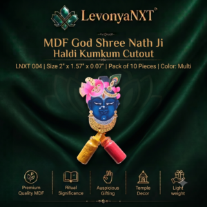 Premium LevonyaNXT MDF God Shree Nath Ji Haldi Kumkum Cutout with multi-color print and clear glass miniature bottles, Made in India