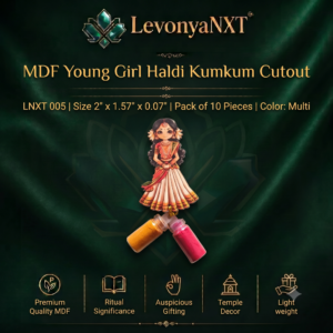 Premium LevonyaNXT MDF Young Girl Haldi Kumkum Cutout with traditional multi-color print and clear glass miniature bottles, Made in India