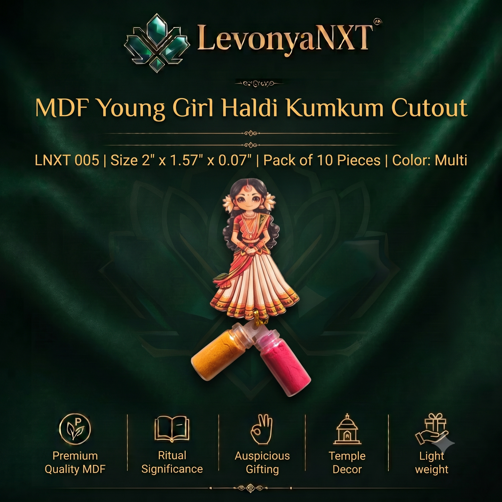 LNXT 005 Fascinating MDF Young Girl Haldi Kumkum Cutout with Glass Bottles I Pack of 10 Pieces 1 LevonyaNXT Premium LevonyaNXT MDF Young Girl Haldi Kumkum Cutout with traditional multi-color print and clear glass miniature bottles, Made in India