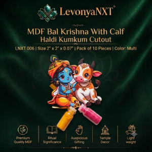 "Premium LevonyaNXT MDF Bal Krishna With Calf Haldi Kumkum Cutout with multi-color print and clear glass miniature bottles, Made in India"