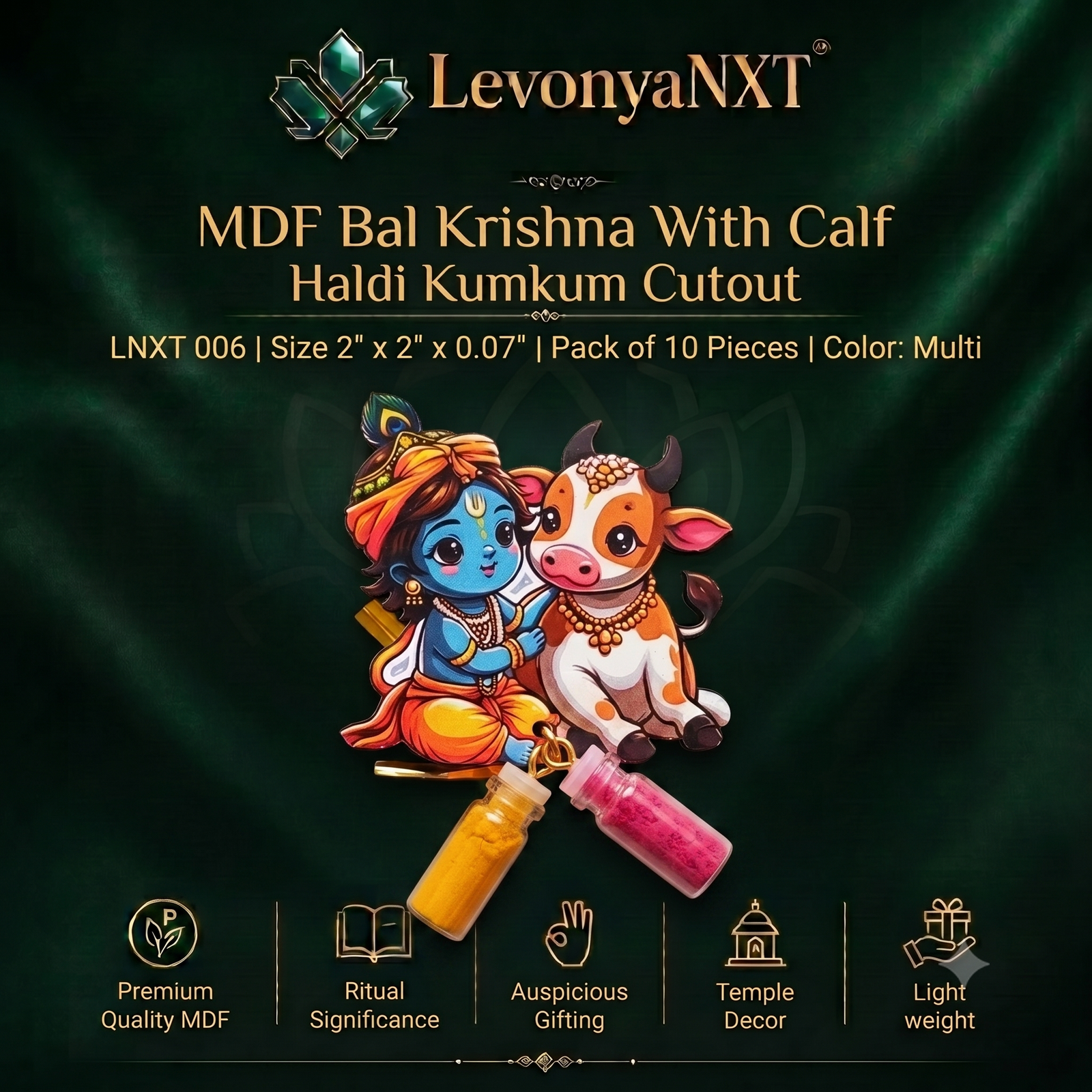 LNXT 006 Spectacular MDF Bal Krishna With Calf Haldi Kumkum Cutout I Pack of 10 Pieces 1 LevonyaNXT "Premium LevonyaNXT MDF Bal Krishna With Calf Haldi Kumkum Cutout with multi-color print and clear glass miniature bottles, Made in India"