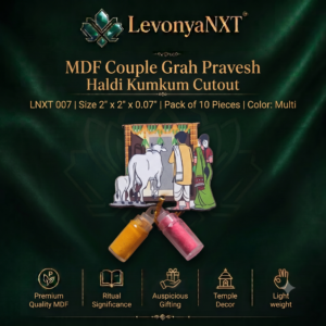 Premium LevonyaNXT MDF Couple Grah Pravesh Haldi Kumkum Cutout with multi-color print and clear glass miniature bottles, Made in India"