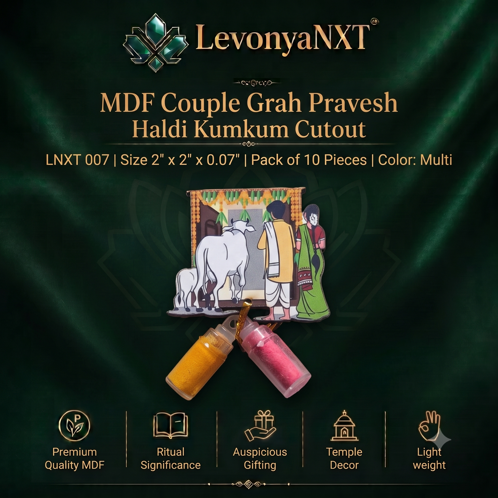 LNXT 007 Trending and Divine MDF Couple Grah Pravesh Haldi Kumkum Cutout I Pack of 10 Pieces 1 LevonyaNXT Premium LevonyaNXT MDF Couple Grah Pravesh Haldi Kumkum Cutout with multi-color print and clear glass miniature bottles, Made in India"