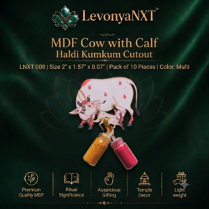 Premium LevonyaNXT MDF Cow with Calf Haldi Kumkum Cutout with multi-color print and clear glass miniature bottles, Made in India"