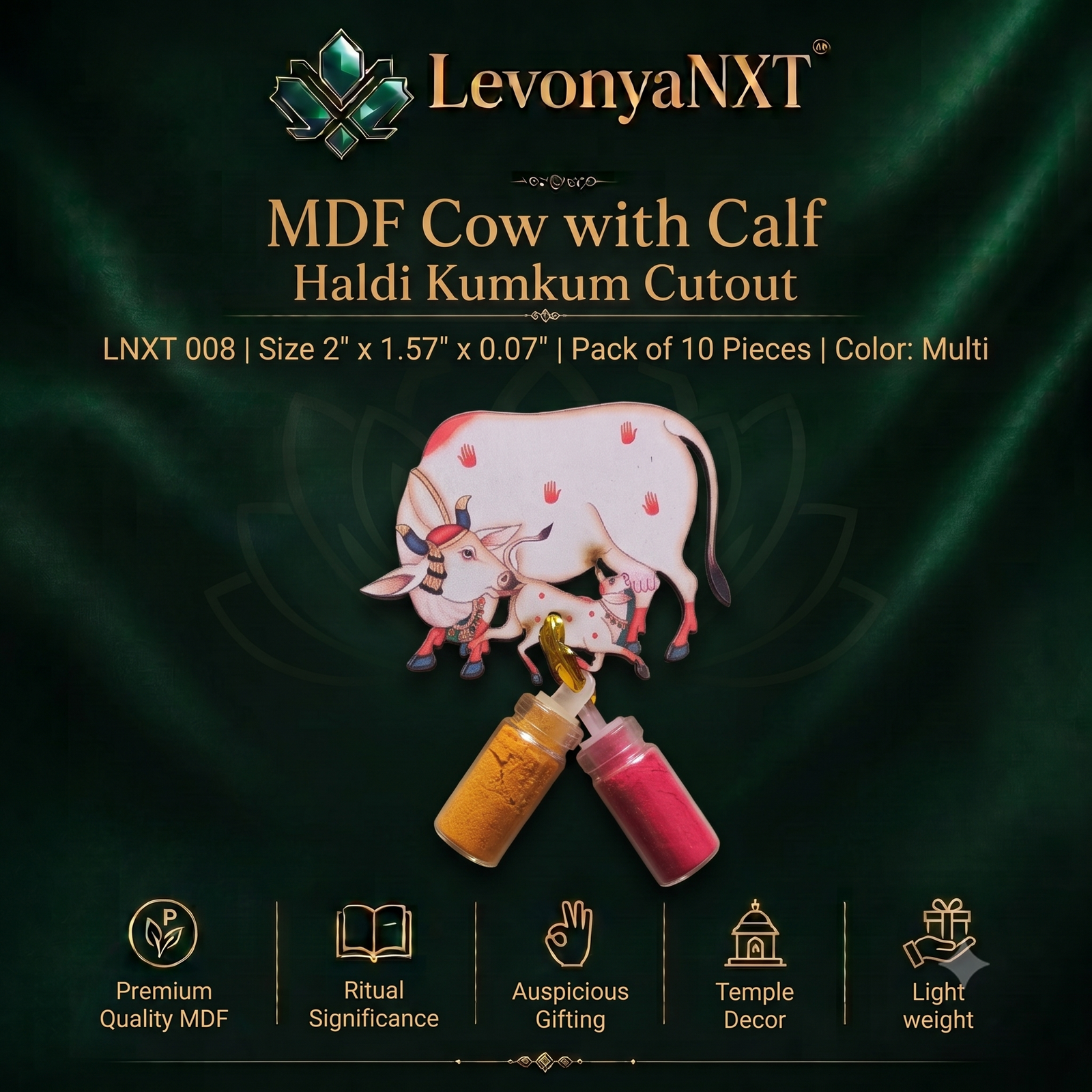 LNXT 008 Title - Divine and Magnificent MDF Cow with Calf Haldi Kumkum Cutout I Pack of 10 Pieces 1 LevonyaNXT Premium LevonyaNXT MDF Cow with Calf Haldi Kumkum Cutout with multi-color print and clear glass miniature bottles, Made in India"