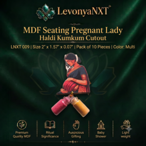 Premium LevonyaNXT MDF Seating Pregnant Lady Haldi Kumkum Cutout with multi-color print and clear glass miniature bottles, Made in India"