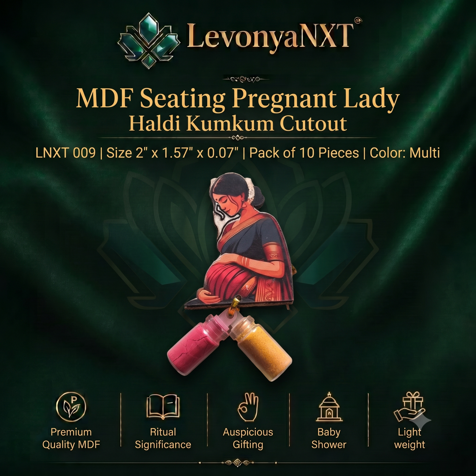 LNXT 009 Exclusive and Beautiful MDF Seating Pregnant Lady Haldi Kumkum Cutout I Pack of 10 Pieces 1 LevonyaNXT Premium LevonyaNXT MDF Seating Pregnant Lady Haldi Kumkum Cutout with multi-color print and clear glass miniature bottles, Made in India"