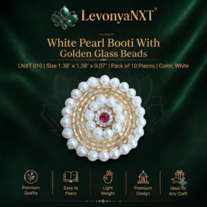 Premium LevonyaNXT White Pearl Booti With Golden Glass Beads featuring circular rows of pearls, shiny gold glass pipes, and a red rhinestone center, Made in India