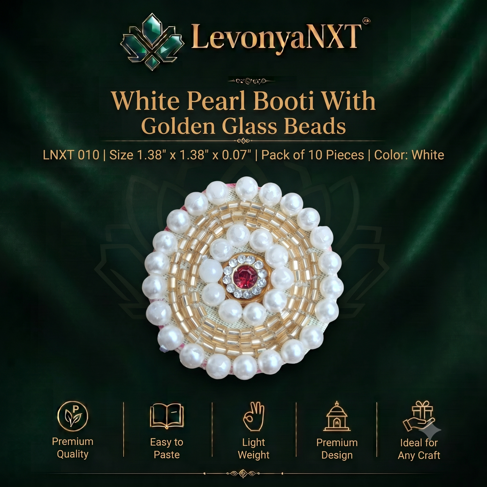 LNXT 010 Divine and Stunning White Pearl Booti With Golden Glass Beads I Pack of 10 Pieces 1 LevonyaNXT Premium LevonyaNXT White Pearl Booti With Golden Glass Beads featuring circular rows of pearls, shiny gold glass pipes, and a red rhinestone center, Made in India
