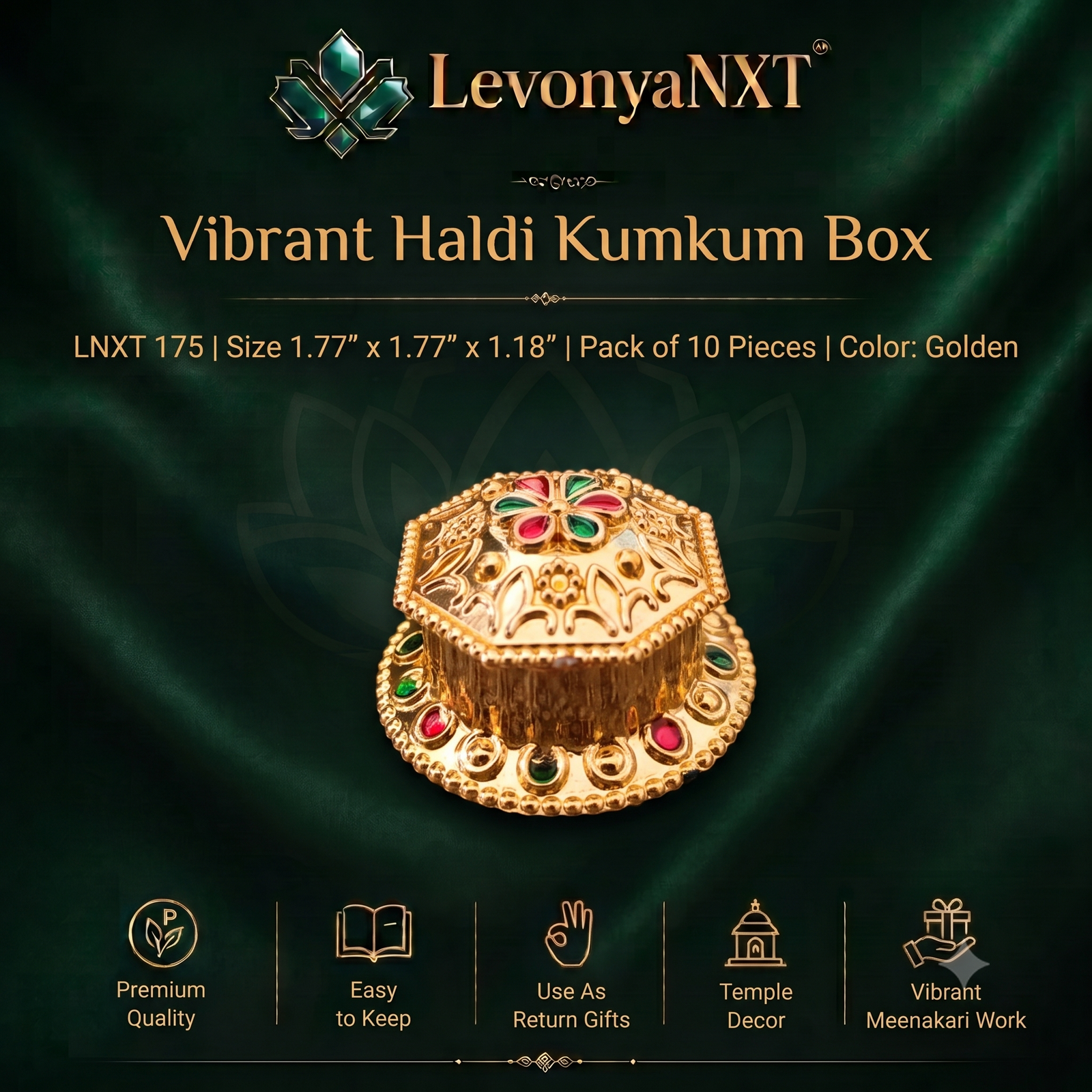 LNXT 175 Magnificent Vibrant Haldi Kumkum Box I Pack of 10 Pieces 1 LevonyaNXT Premium LevonyaNXT Vibrant Haldi Kumkum Box with multi-color Meenakari work and golden finish, Made in India