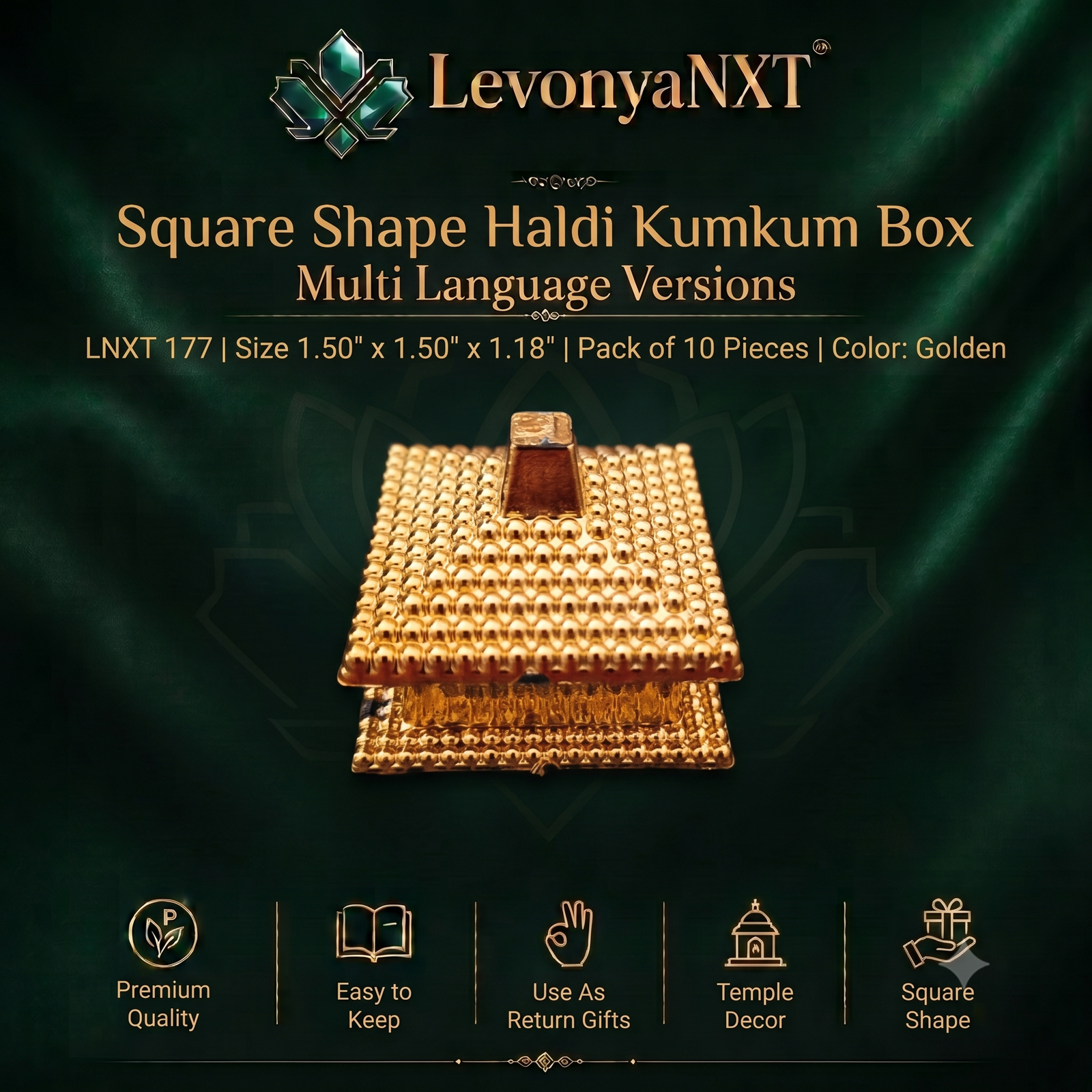 LNXT 177 Magnificent Square Shape Haldi Kumkum Box I Pack of 10 Pieces 1 LevonyaNXT Premium LevonyaNXT Square Shape Haldi Kumkum Box with textured golden finish, Made in India