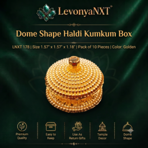 Premium LevonyaNXT Dome Shape Haldi Kumkum Box with textured golden finish and round temple design, Made in India"
