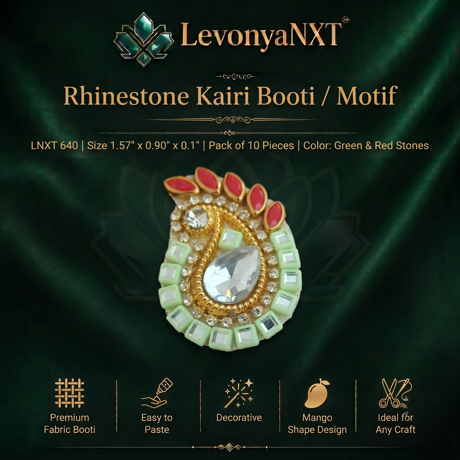 LNXT 640 Premium Rhinestone Kairi Booti Motif for Crafts I Pack of 10 Pieces 1 LevonyaNXT Premium LevonyaNXT Rhinestone Kairi Booti Motif patch with green and red stones"