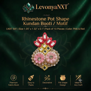 Premium LevonyaNXT Rhinestone Pot Shape Kundan Booti Motif applique with pink and red details