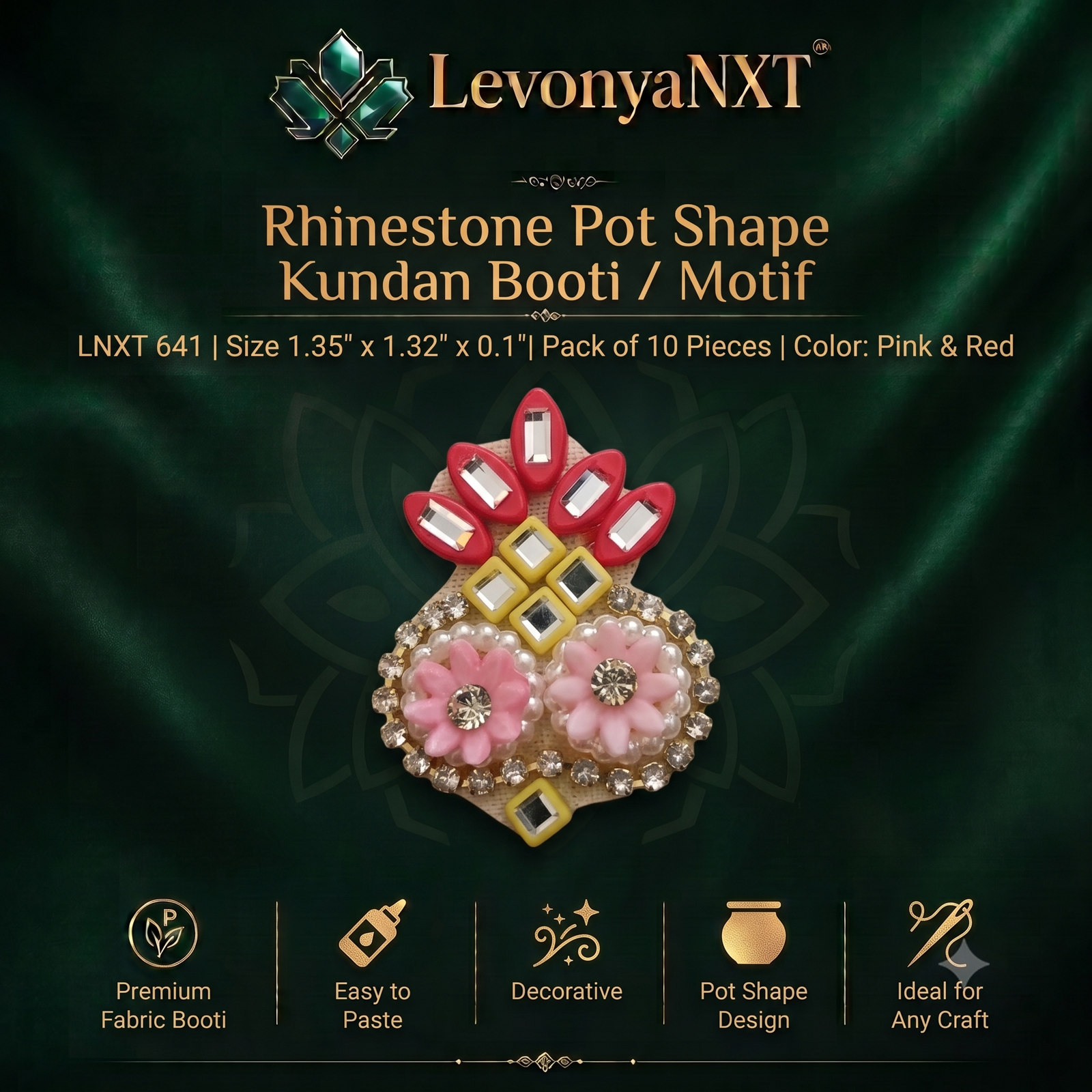 LNXT 641 Premium Rhinestone Pot Shape Kundan Booti Motif I Pack of 10 Pieces 1 LevonyaNXT Premium LevonyaNXT Rhinestone Pot Shape Kundan Booti Motif applique with pink and red details