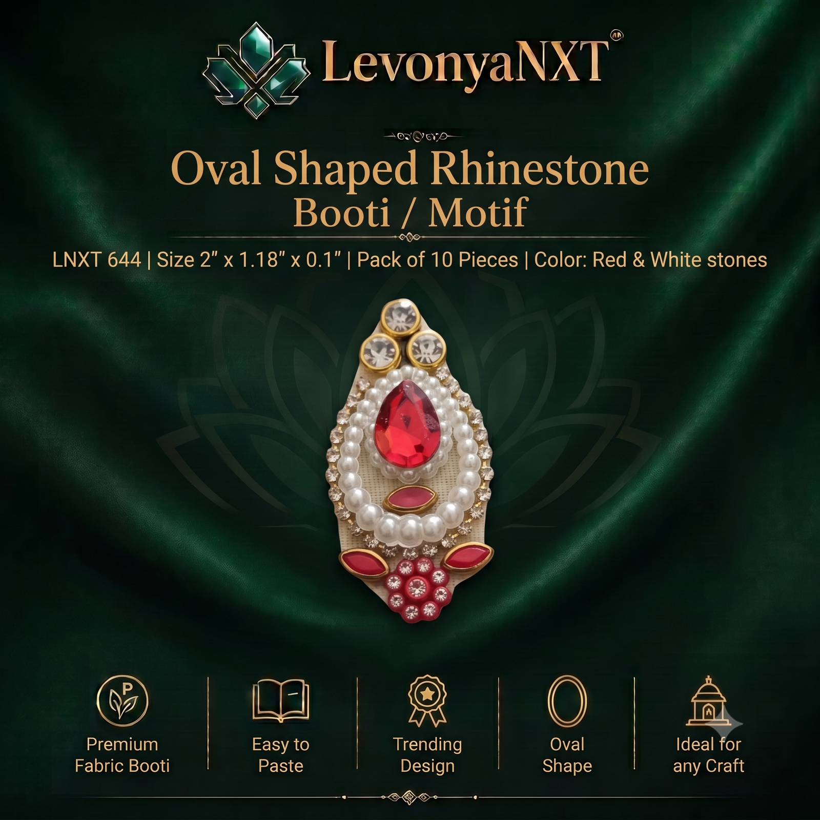LNXT 644 Beautiful Oval Shaped Rhinestone Booti Motif for Arts & Crafts I Pack of 10 Pieces 1 LevonyaNXT Premium LevonyaNXT Oval Shaped Rhinestone Booti Motif patch with red and white stones