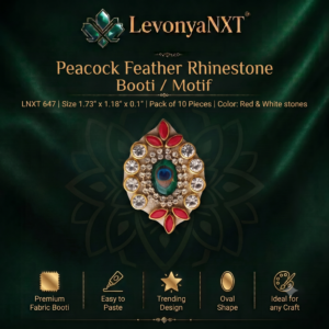 Premium LevonyaNXT Peacock Feather Rhinestone Booti Motif patch with red and white stones