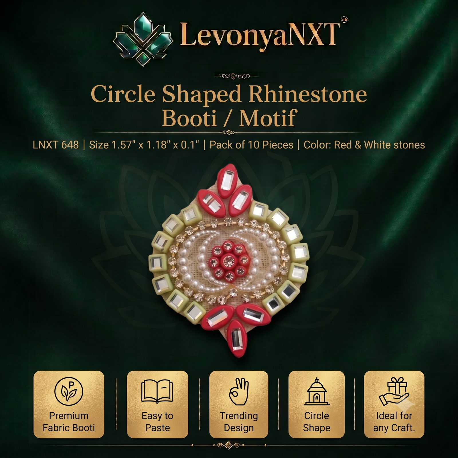 LNXT 648 Gorgeous Circle Shaped Rhinestone Booti Motif I Pack of 10 Pieces 1 LevonyaNXT Premium LevonyaNXT Circle Shaped Rhinestone Booti Motif patch with red and white stones