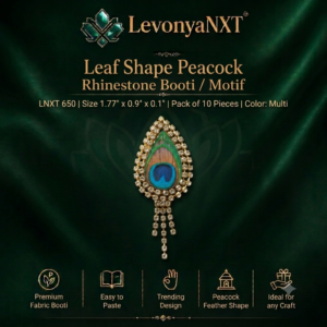 Premium LevonyaNXT Leaf Shape Peacock Rhinestone Booti Motif patch with hanging crystal tassels