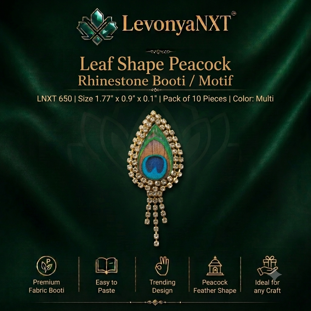 LNXt 650 Exquisite Leaf Shape Peacock Rhinestone Booti Motif I Pack of 10 1 LevonyaNXT Premium LevonyaNXT Leaf Shape Peacock Rhinestone Booti Motif patch with hanging crystal tassels