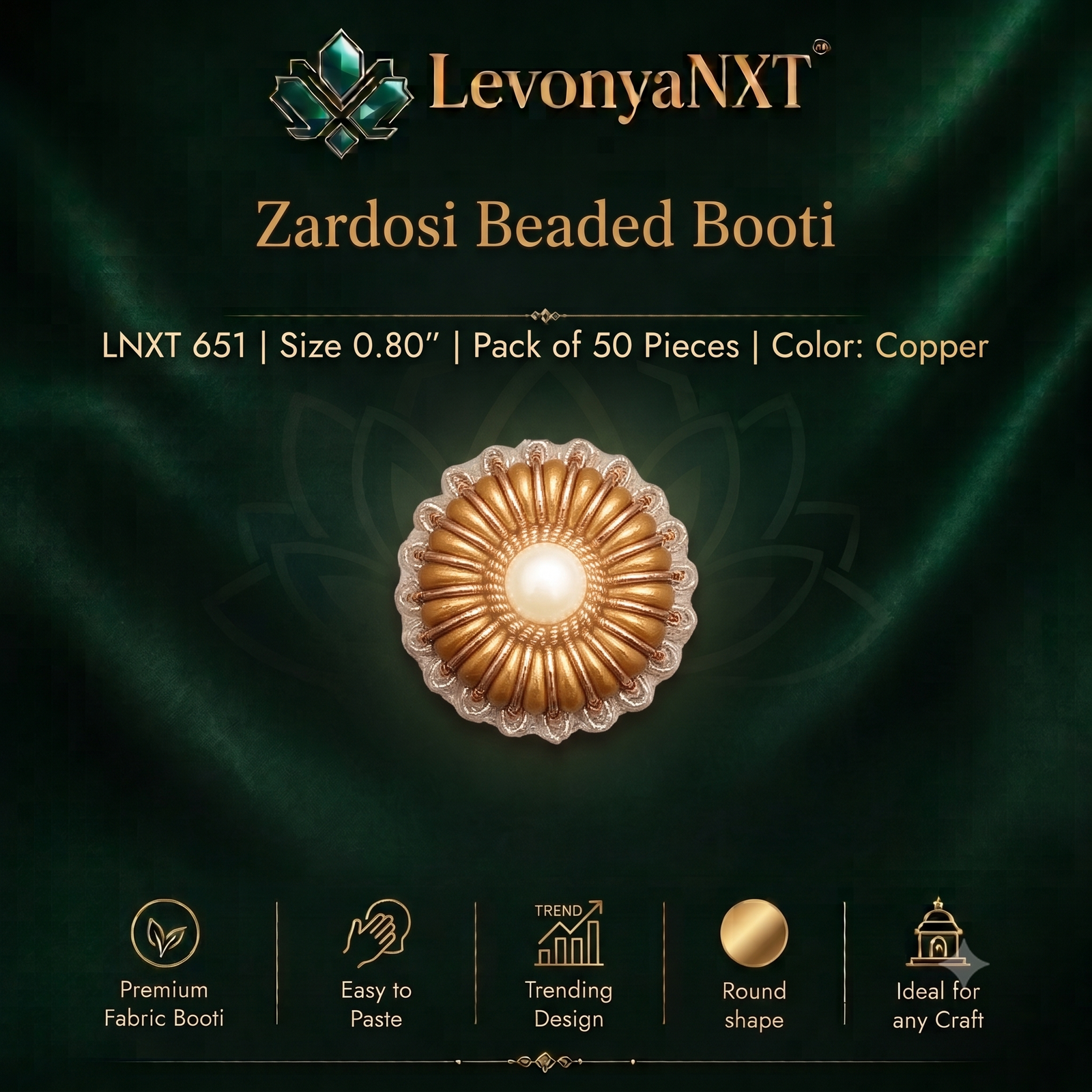 LNXT 651 Magnificent Zardosi Beaded Booti Patch I Pack of 50 Pieces 1 LevonyaNXT Premium LevonyaNXT Zardosi Beaded Booti patch with copper metallic accents and a white pearl center"