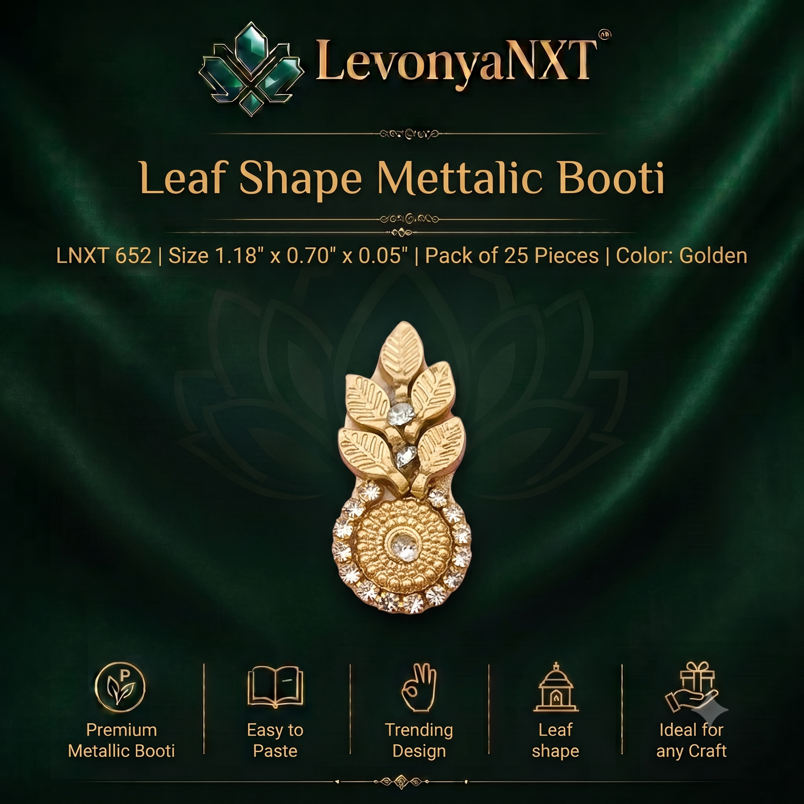 LNXT 652 Beautiful Leaf Shape Metallic Booti Patch I Pack of 25 Pieces 1 LevonyaNXT Premium LevonyaNXT Leaf Shape Metallic Booti patch with golden accents and clear rhinestone details
