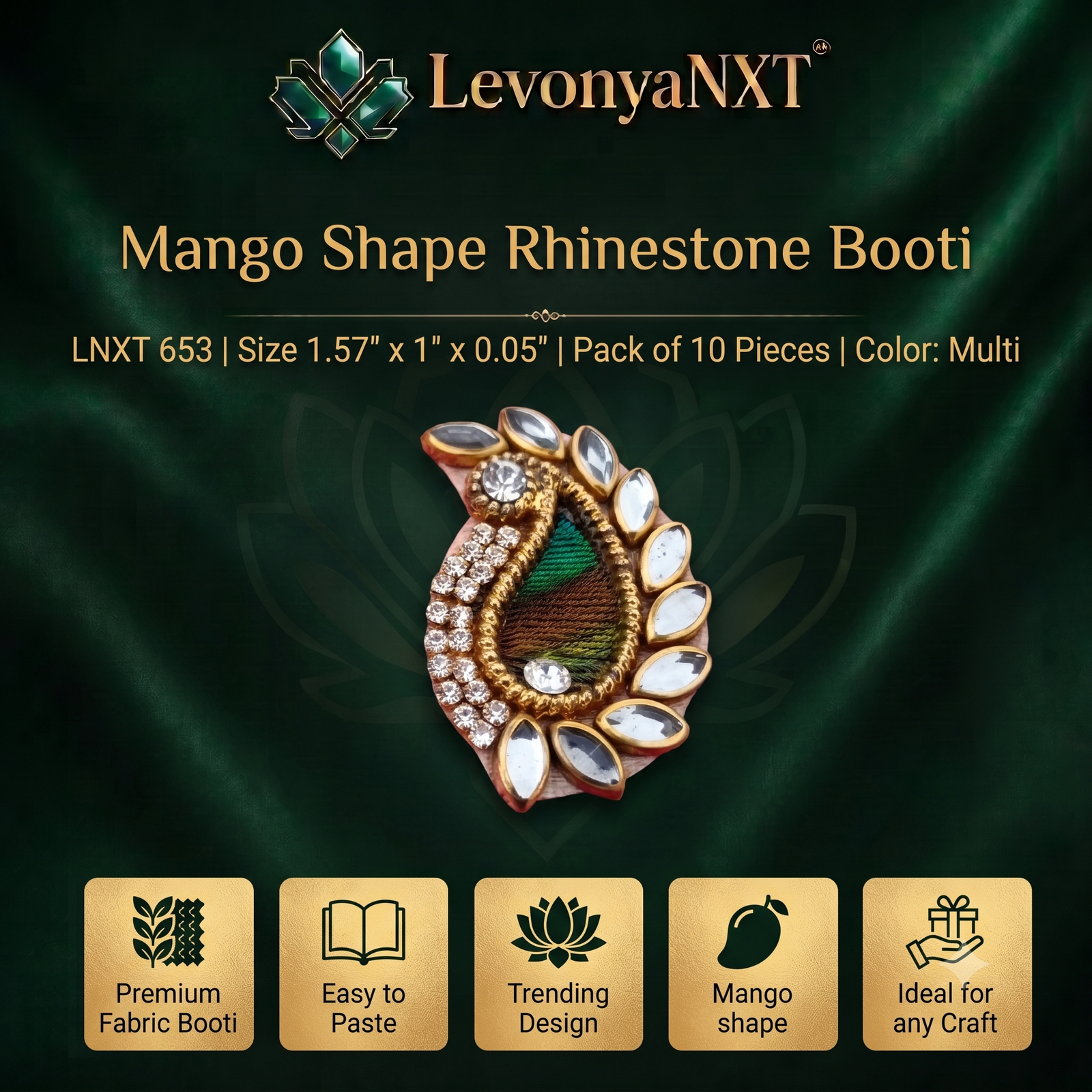 LNXT 653 Magnificent Mango Shape Rhinestone Booti I Pack of 10 Pieces 1 LevonyaNXT Premium LevonyaNXT Mango Shape Rhinestone Booti patch with multi-color inlay and gold rhinestone details