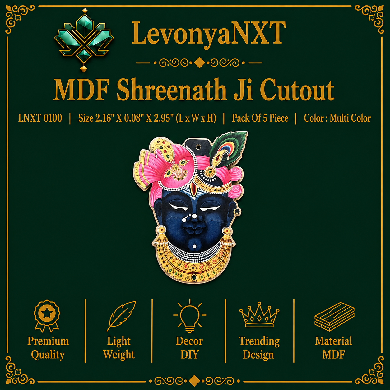 LNXT 0100 Divine Shreenathji Face Mdf Cutout Hanging Charms | Pack of 5 Pieces | Radiant Multi-Color 1 LevonyaNXT LNXT 0100 MDF Shreenath Ji Cutout in multi color with pink Shringar Pagdi and top hanging hole pack of 5 pieces
