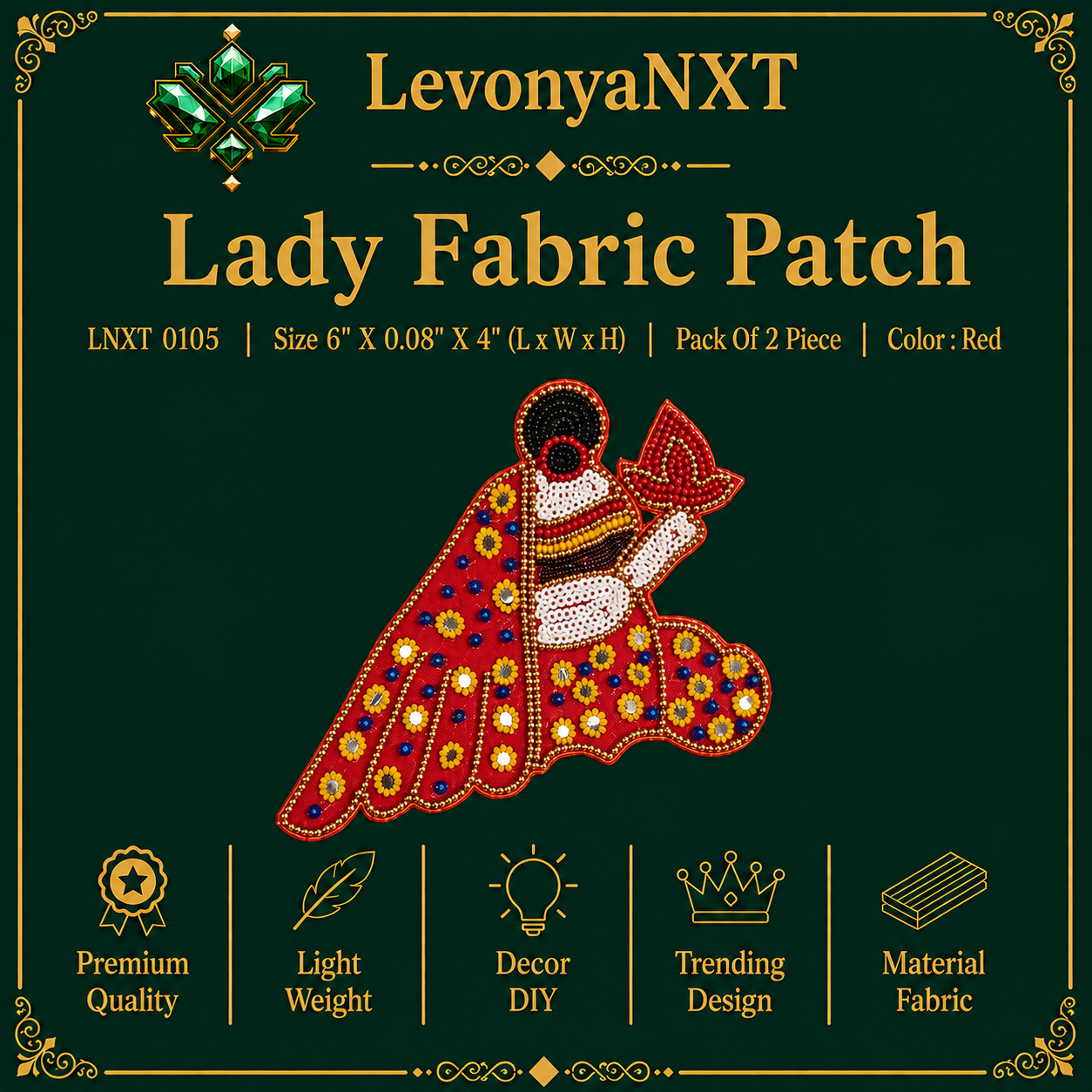 LNXT 0105 Lady Fabric Patch | Pack Of 2 Piece | Color : Red | Fine Craftmanship 1 LevonyaNXT LNXT 0105 Lady Fabric Patch hand beaded Indian woman holding festival diya in royal red pack of 2 pieces