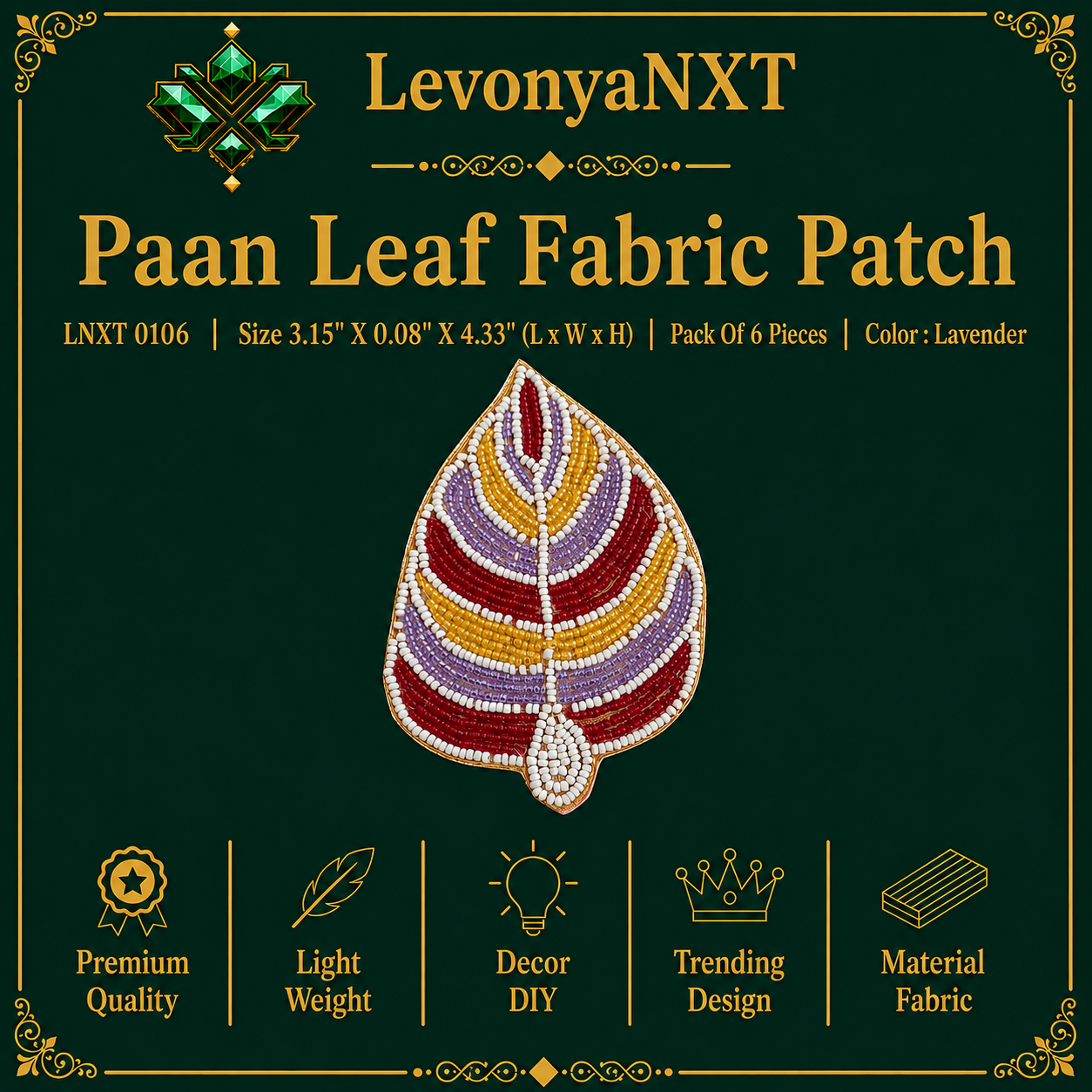 LNXT 0106 Paan Leaf Fabric Patch | Pack Of 6 Pieces | Color : Lavender | adorable 1 LevonyaNXT LNXT 0106 Paan Leaf Fabric Patch hand beaded Betel leaf design in lavender pack of 6 pieces