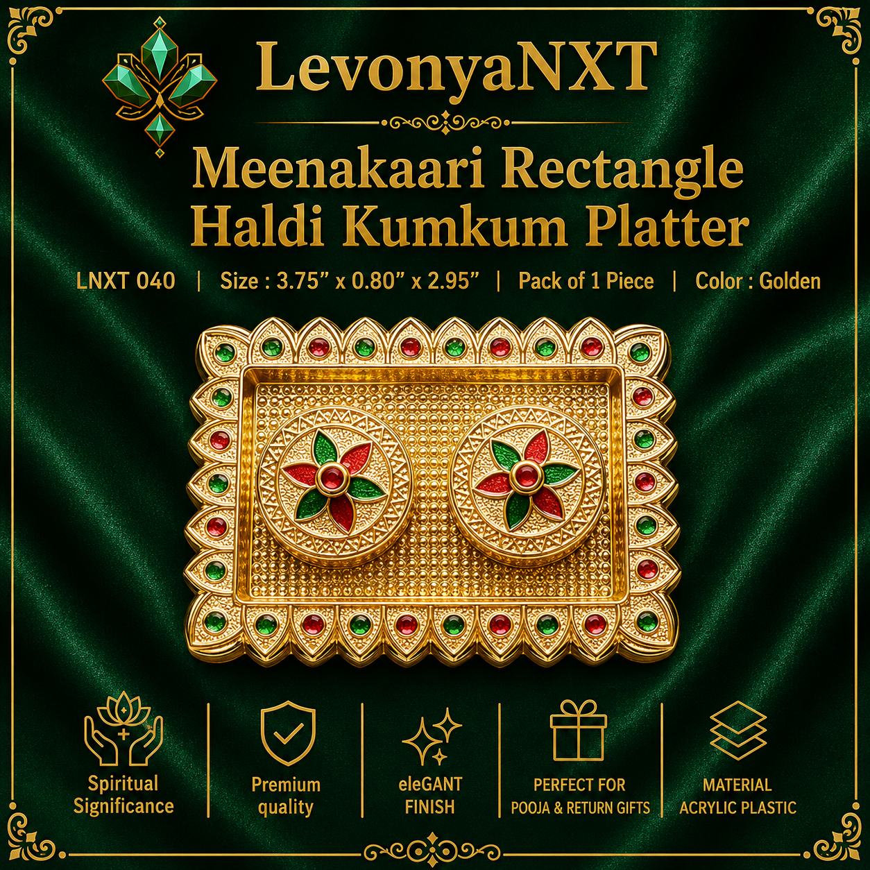 LNXT 040 Meenakaari Rectangular Haldi Kumkum Platter | Pack of 1 Piece | Radiant Gold 1 LevonyaNXT LNXT 040 Meenakaari Rectangular Haldi Kumkum Platter gold plated container with red green enamel work for pooja