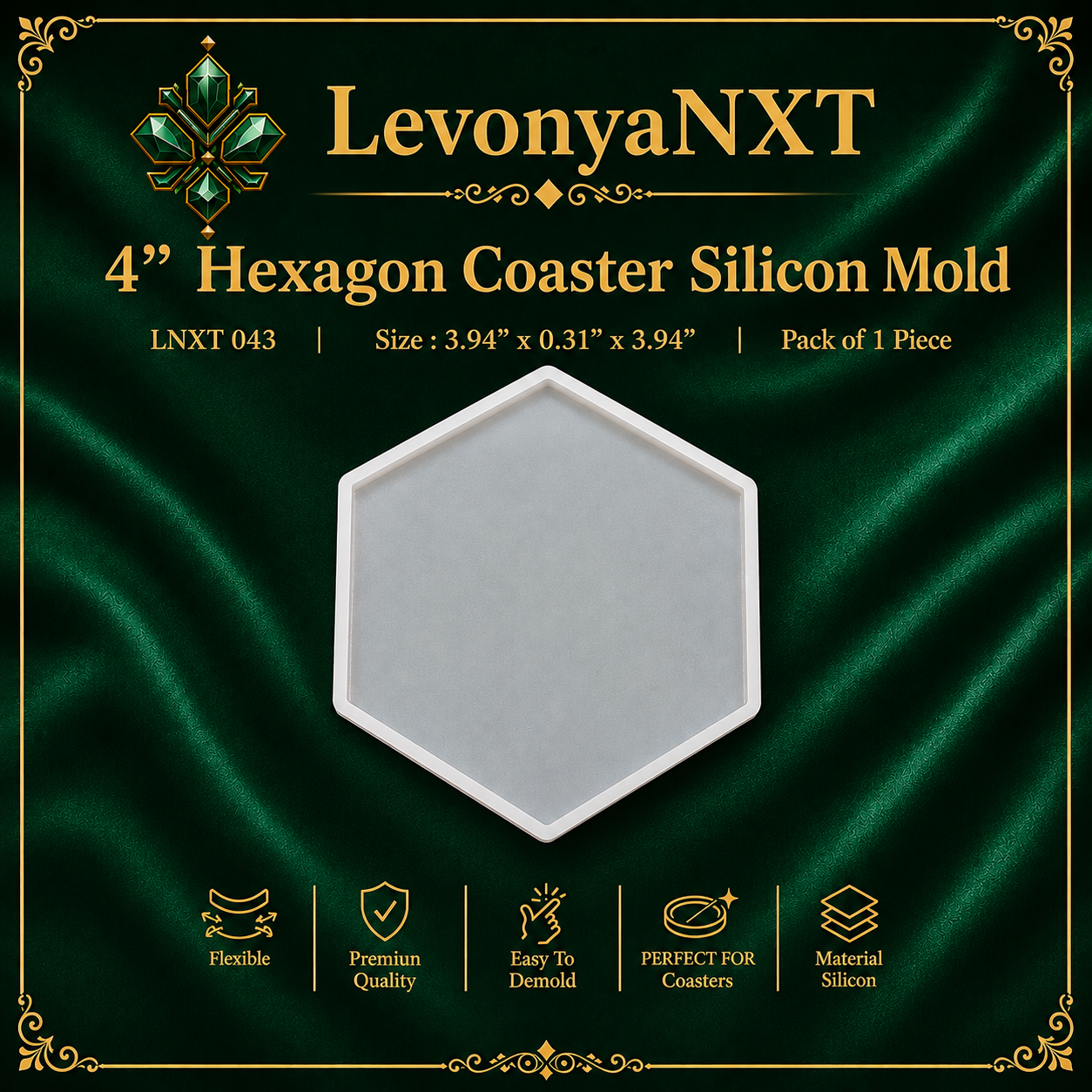 LNXT 044 Hexagon Coaster Silicon Mold | 4" | Pack of 1 Piece | Flexible Quality 1 LevonyaNXT LNXT 044 4 Inch Hexagon Coaster Silicon Mold translucent geometric coaster casting mold for epoxy resin crafts