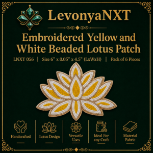 LNXT 056 Embroidered Yellow and White Beaded Lotus Patch with moti beadwork and gold ball chain border pack of 6 pcs
