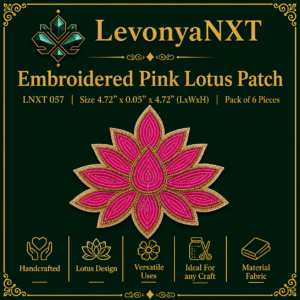 LNXT 057 Embroidered Pink Lotus Patch with rani pink moti beadwork and gold ball chain border pack of 6 pcs
