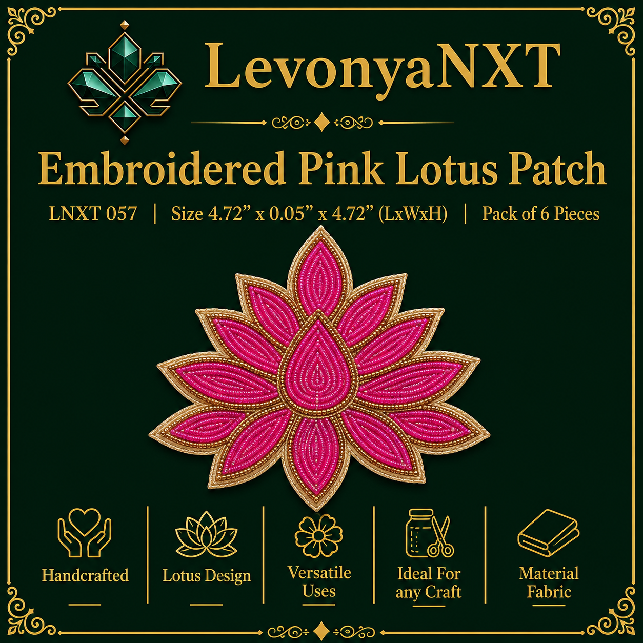 LNXT 057 Embroidered Lotus Pink | Pack of 6 Pcs | Vibrant 1 LevonyaNXT LNXT 057 Embroidered Pink Lotus Patch with rani pink moti beadwork and gold ball chain border pack of 6 pcs