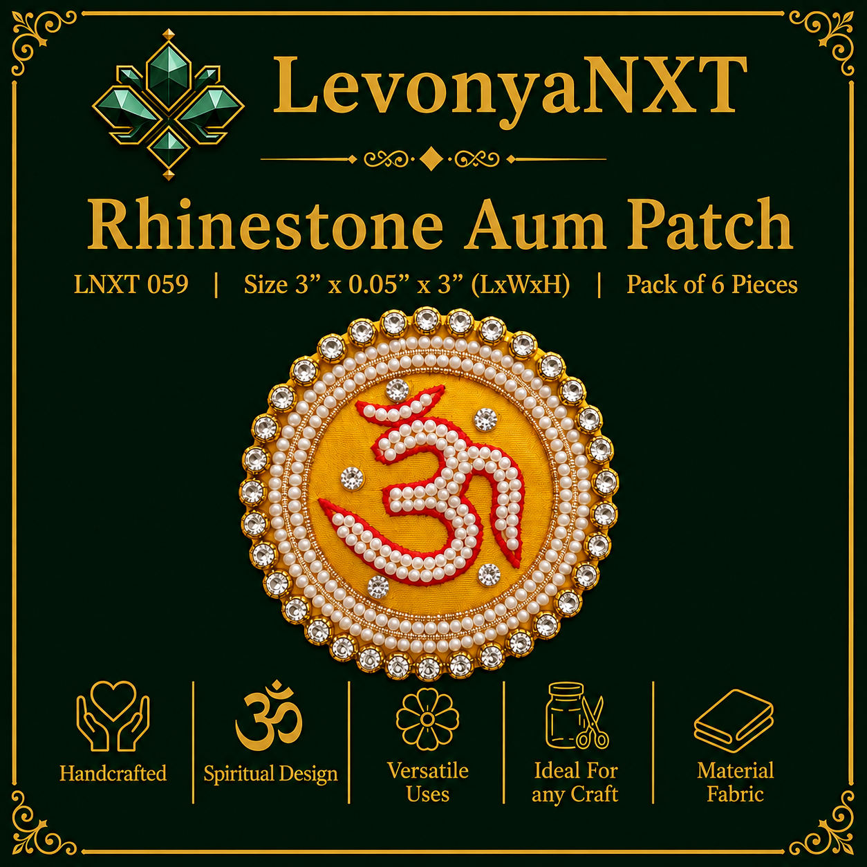 LNXT 059 Aum Fabric Patch | Pack of 6 Pcs | Spiritual 1 LevonyaNXT LNXT 059 Rhinestone Aum Patch with pearl Om symbol and crystal rhinestone border pack of 6 pcs