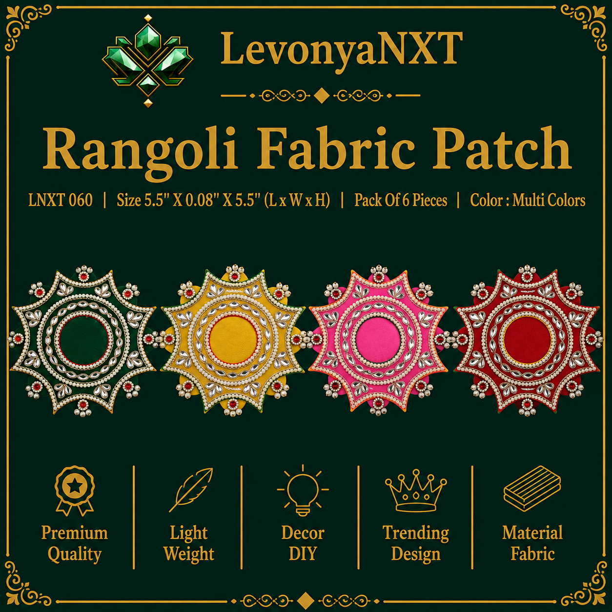 LNXT 060 Rangoli Fabric Patch | Pack Of 6 Pieces | Color : Multi Colors | Appealing Beauty 1 LevonyaNXT LNXT 060 Rangoli Fabric Patch handcrafted kundan and pearl circular mandala in multi colors pack of 6 pieces