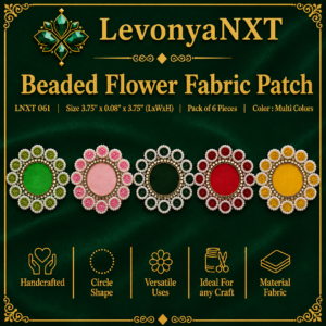 LNXT 061 Beaded Flower Fabric Patch with multi-colored silk center pearl bead petals and kundan border pack of 6 pcs