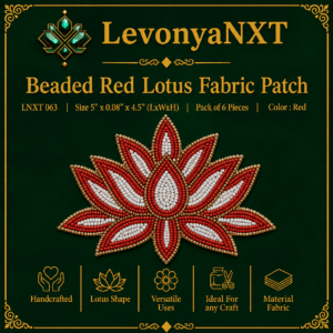 LNXT 063 Beaded Red Lotus Fabric Patch with red and white moti beadwork and gold ball chain border pack of 6 pcs