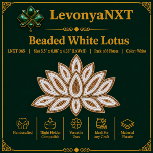 LNXT 065 Beaded White Lotus with white moti beadwork and gold ball chain border pack of 6 pcs