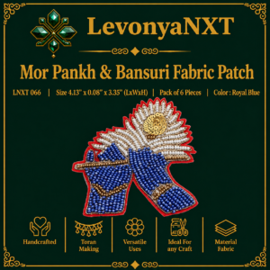 LNXT 066 Mor Pankh & Bansuri Fabric Patch with blue glass bead hands flute and peacock feather pack of 6 pcs