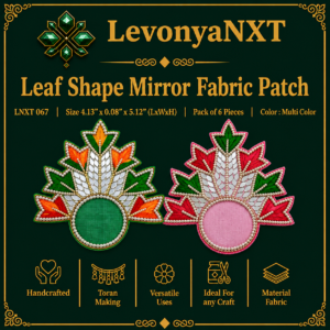 LNXT 067 Leaf Shape Mirror Fabric Patch with shisha mirror work and pearl beaded border pack of 6 pcs