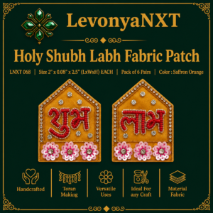 LNXT 068 Holy Shubh Labh Fabric Patch with saffron silk base red script and sequin flowers pack of 6 pairs