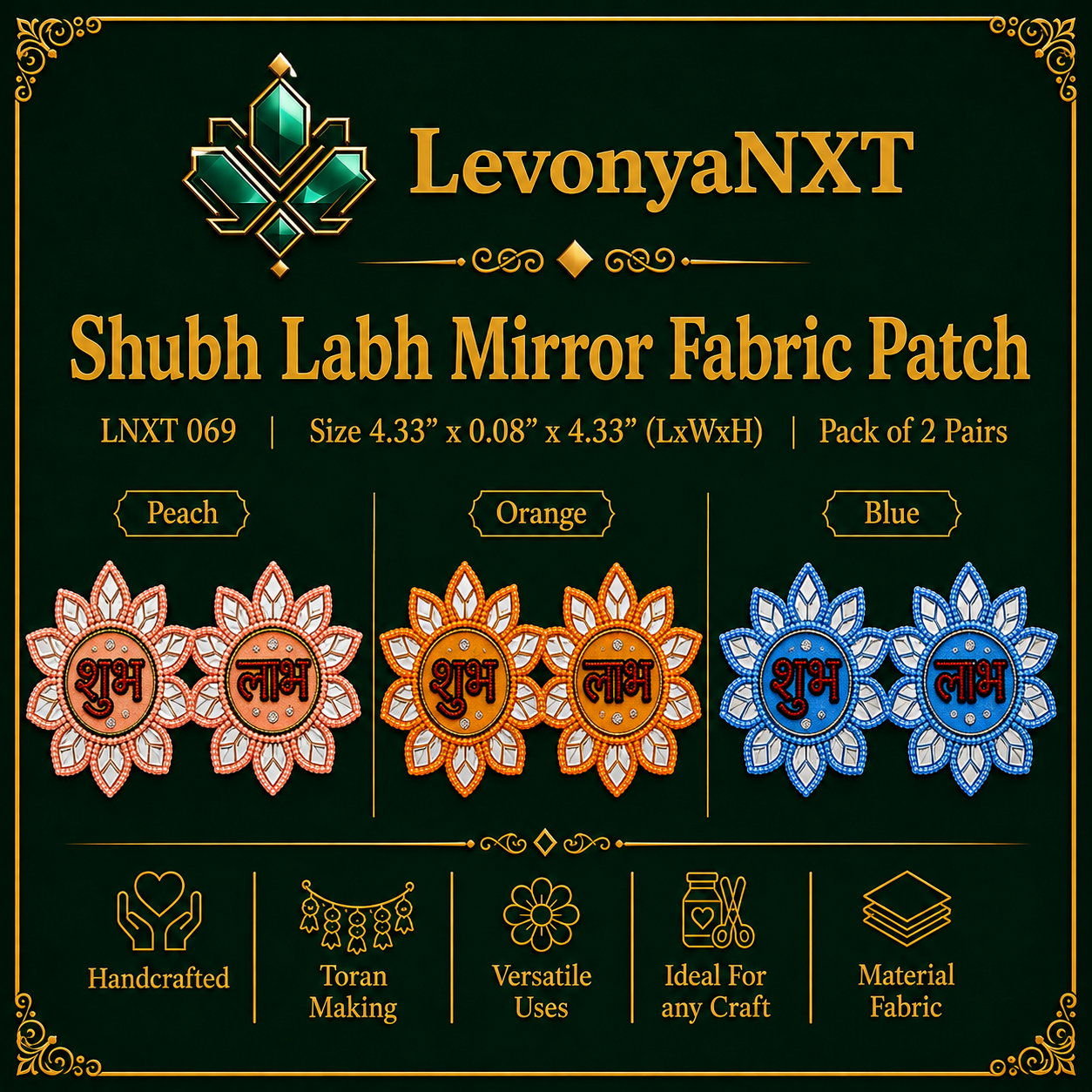 LNXT 069 Shubh Labh Mirror Fabric Patch | Pack of 2 Pairs | Holy Spiritual 1 LevonyaNXT Shubh Labh Mirror Fabric Patch