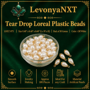 LNXT 075 Tear Drop Loreal Plastic Beads with gold fluted caps and off white pearl finish in glass bowl pack of 50 grams