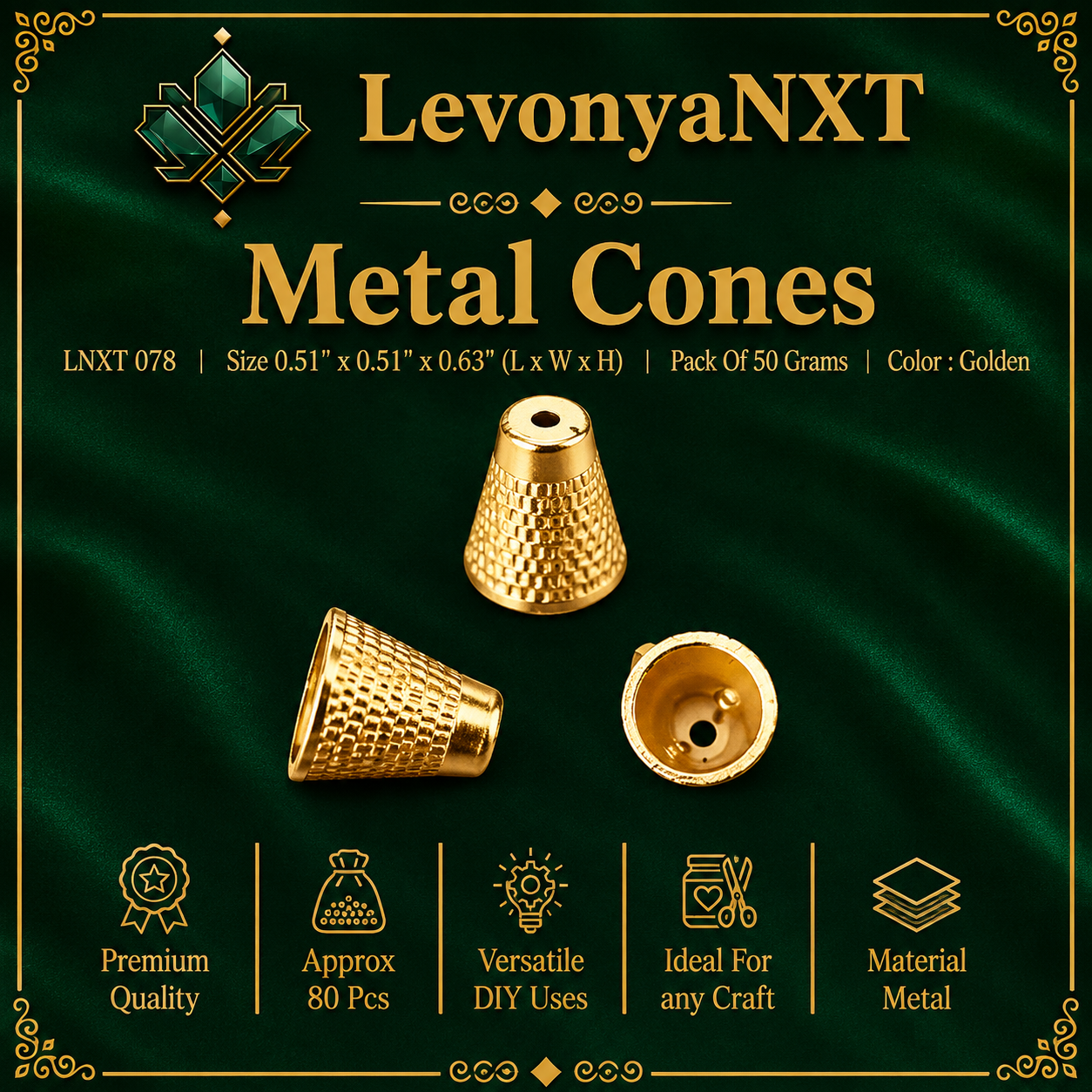 LNXT 078 Metal Cones Connectors | Pack of 50 Grams ( 80 Pcs) | Radiant Gold 1 LevonyaNXT LNXT 078 Metal Cones in embossed gold finish showing apex hole and hollow base pack of 50 grams