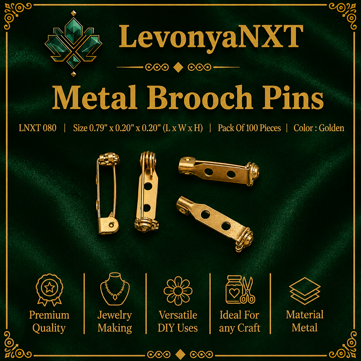 LNXT 080 Metal Brooch Pins Jewelry | Pack of 100 Pieces | Radiant Gold 1 LevonyaNXT LNXT 080 Metal Brooch Pins in gold finish with 2 holes and safety clasp pack of 100 pieces