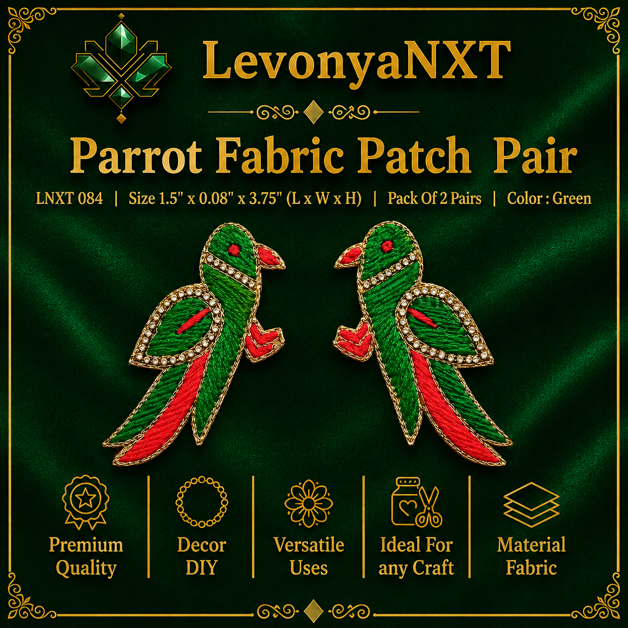 LNXT 084 Parrot Fabric Patch | Pack of 2 Pairs | Festive Collection 1 LevonyaNXT LNXT 084 Parrot Fabric Patch Pair in green and red zardozi silk embroidery pack of 2 pairs